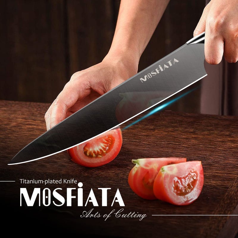 MOSFiATA 8â€ Super Sharp Titanium Plated Chef's Knife for Kitchen with Finger Guard and Knife Sharpener in Gift Box, High Carbon German Stainless Steel EN1.4116 Titanium Coated Stylish Cooking Knife - Image 4